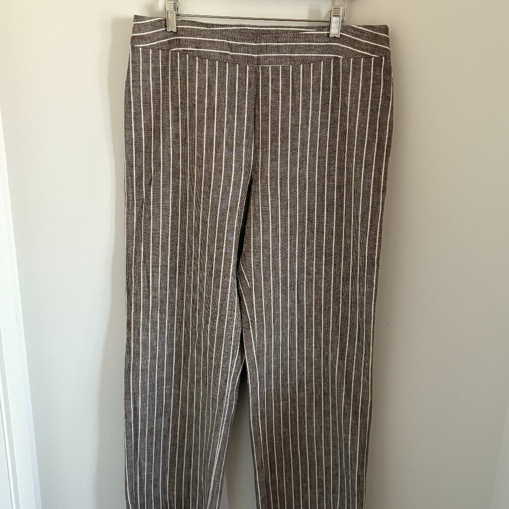Current Linen Blend Straight Leg Pants Size 12 Taupe Stripe Side Zipper Mid Rise